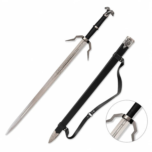 Geralt of Rivia runed silver sword prop replica full length on mossy rock with free black leather scabbard ornate silver Wolf head scabbard fitting and shoulder strap showing polished silver blade twin fuller grooves angular geometric crossguard downward spike quillons and sculpted Wolf head pommel – Witcher display collectible
