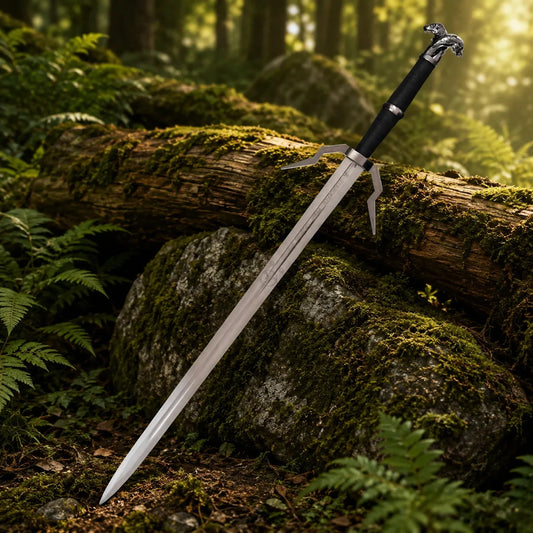 Geralt of Rivia runed silver sword prop replica close-up of highly detailed sculpted silver Wolf head pommel with open mouth fur texture black cord-wrapped grip silver collar ring angular geometric crossguard and etched runic text inscriptions on blade near crossguard on mossy rock – Witcher 3 silver sword collectible