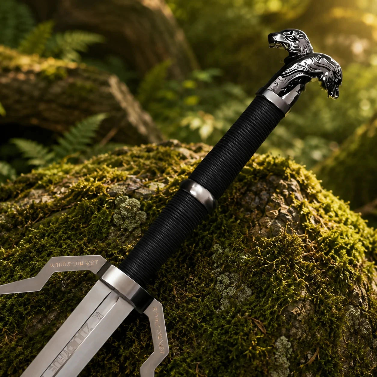 Geralt of Rivia runed silver sword prop replica close-up macro of polished silver blade with twin fuller grooves and etched circular runic sigil medallion engraving diagonal across mossy rocks against warm golden sunlit fern forest bokeh – White Wolf silver sword display collectible
