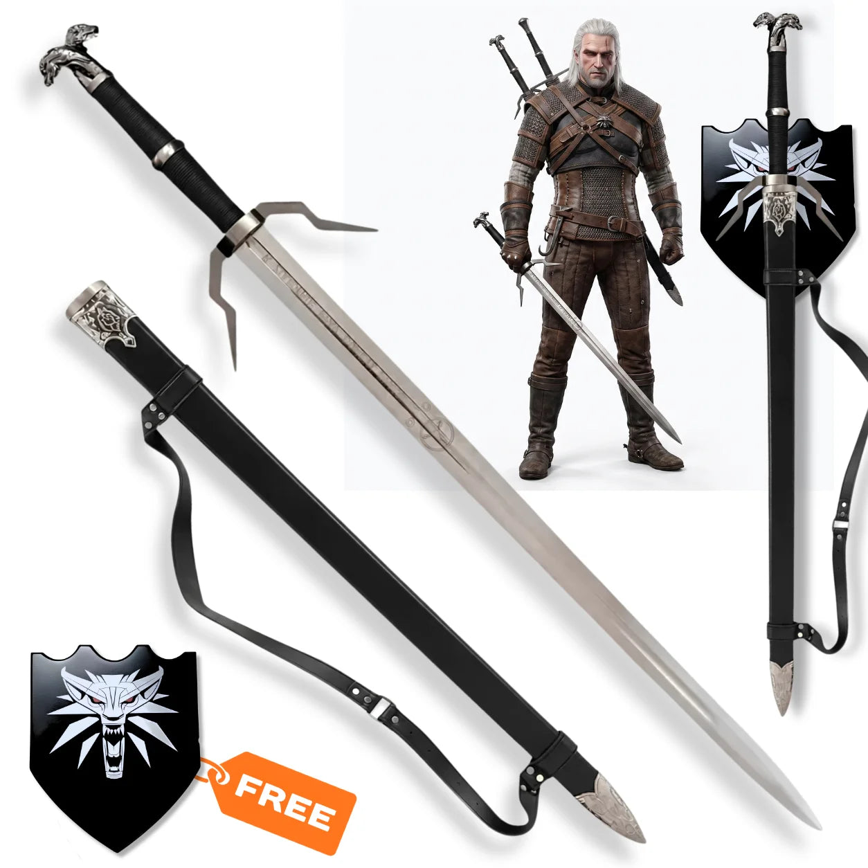 Geralt of Rivia Runed Silver Sword prop replica with black scabbard and Witcher wolf wall display plaque – Witcher collectible