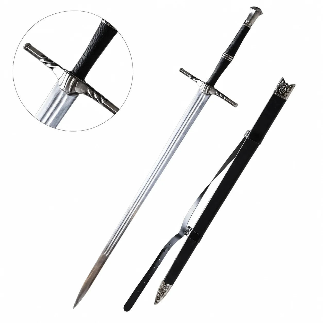 Geralt of Rivia steel sword prop replica full length on mossy rock with free black leather scabbard showing polished silver blade triple fuller grooves ornate silver crossguard twisted quillons black cord grip silver ring spacers and silver faceted pommel – Witcher display collectible