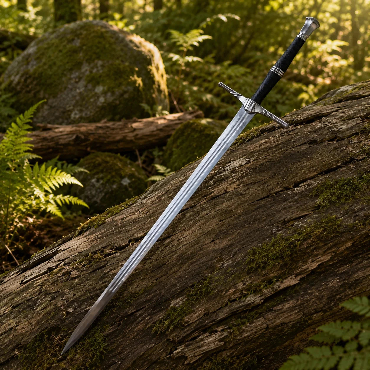 Geralt of Rivia steel sword prop replica close-up of black cord-wrapped grip with silver ring spacers silver faceted square pommel and ornate silver crossguard with twisted quillon details against sunlit green forest bokeh background – The Witcher collectible