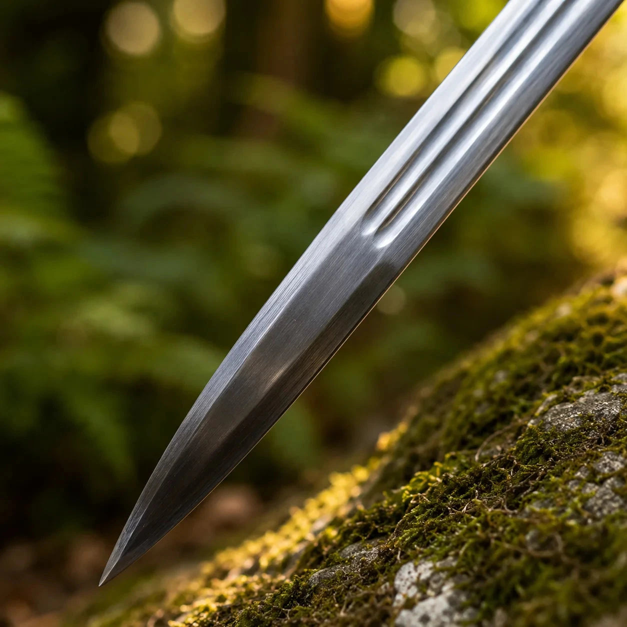 Geralt of Rivia steel sword prop replica full length horizontal on mossy fallen log in sunlit fern forest side profile hero shot showing complete polished silver blade with triple fuller grooves ornate silver crossguard and black cord grip – White Wolf sword fan gift