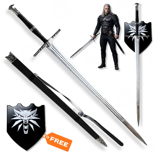 Geralt of Rivia steel sword prop replica with black scabbard and Witcher wolf wall plaque – The Witcher display collectible