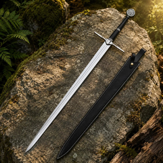 Geralt of Rivia Superior Wolven steel sword prop replica full length diagonal propped on mossy fallen log in sunlit green forest showing complete polished silver blade with triple fuller grooves ornate silver angular crossguard and black cord-wrapped grip – The Witcher fan gift