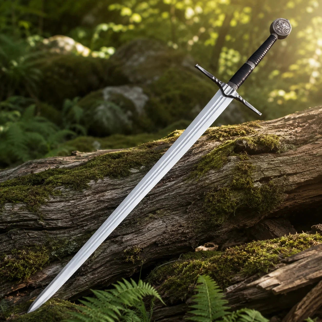 Geralt of Rivia Superior Wolven steel sword prop replica close-up of black cord-wrapped grip with silver ring spacers round School of the Wolf medallion pommel and ornate silver angular crossguard against sunlit green forest bokeh background – Witcher 3 collectible