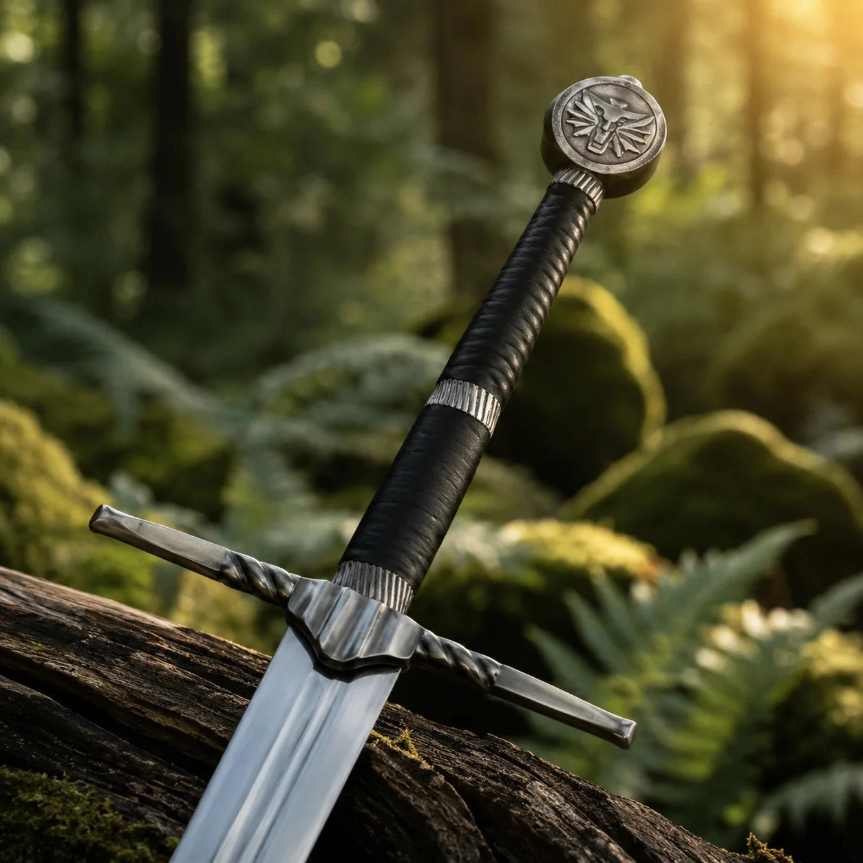Geralt of Rivia Superior Wolven steel sword prop replica close-up macro of polished silver blade tip with triple fuller grooves on mossy log against warm golden sunlit forest bokeh background – White Wolf sword display collectible