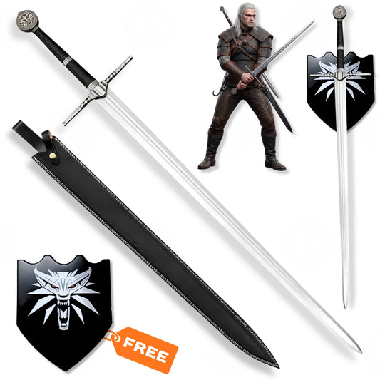 Geralt of Rivia Superior Wolven steel sword prop replica with black scabbard and Witcher wolf wall plaque – The Witcher 3 collectible