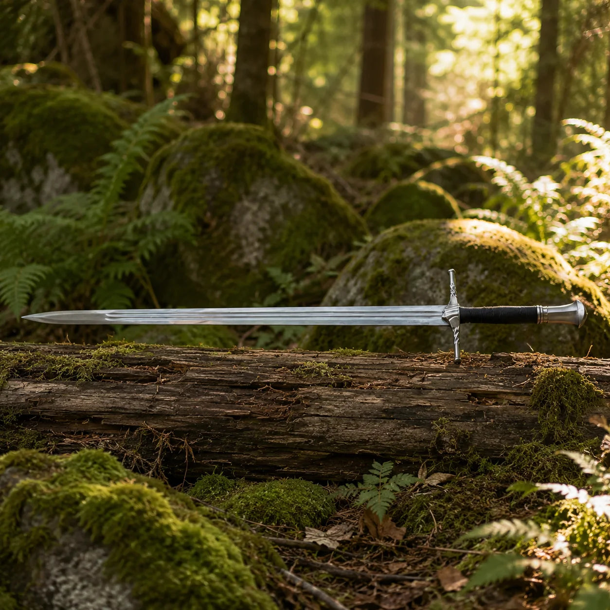 Geralt of Rivia Witcher Steel Sword display replica with silver fantasy styling, black handle details, decorative collector appeal, cosplay prop use, and gamer room decor