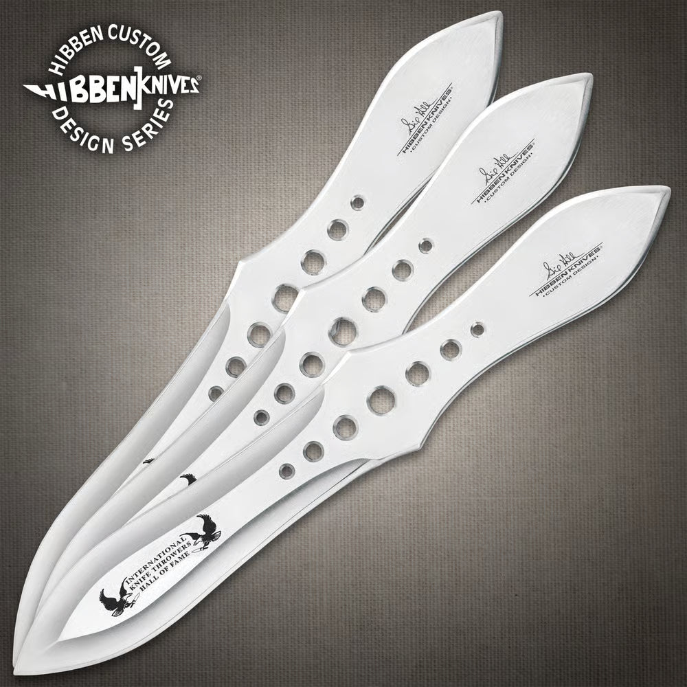 Gil Hibben Hall of Fame throwing knife set with leather belt sheath and target