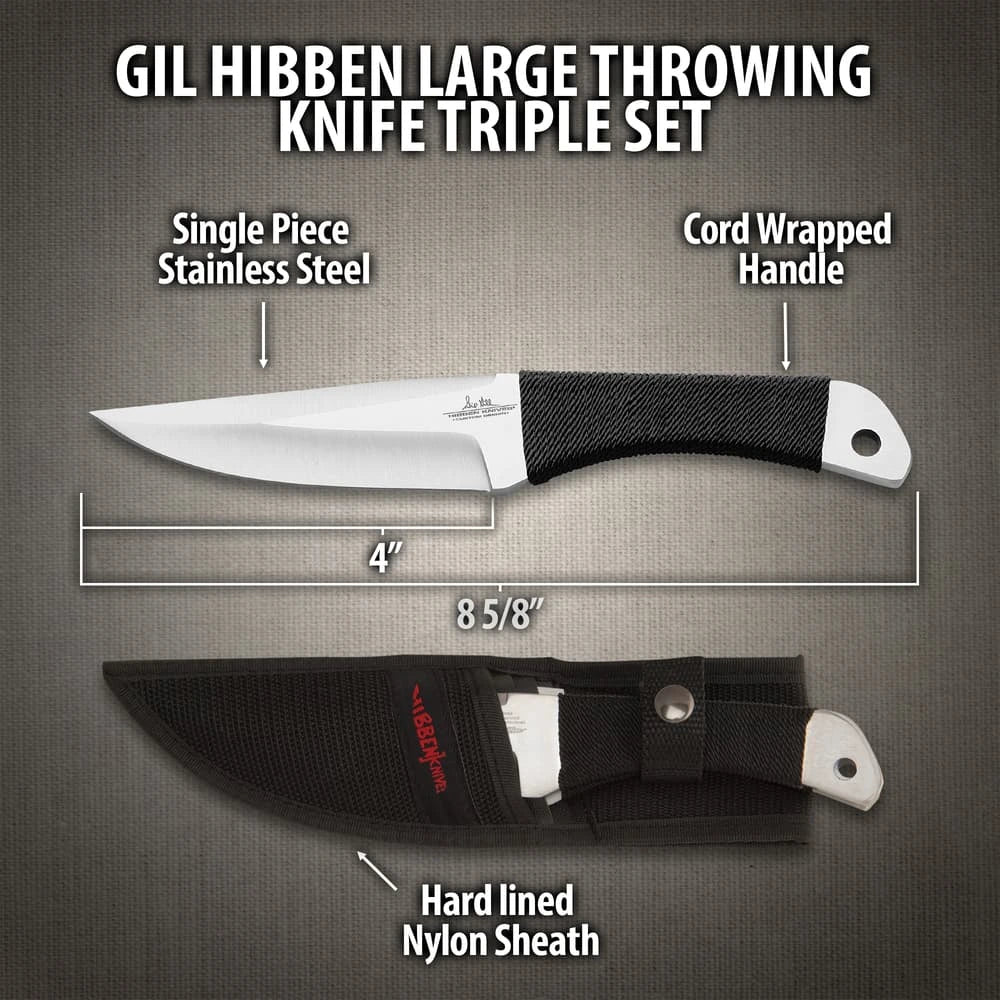 Gil Hibben large throwing knife triple set with stainless steel design and nylon sheath