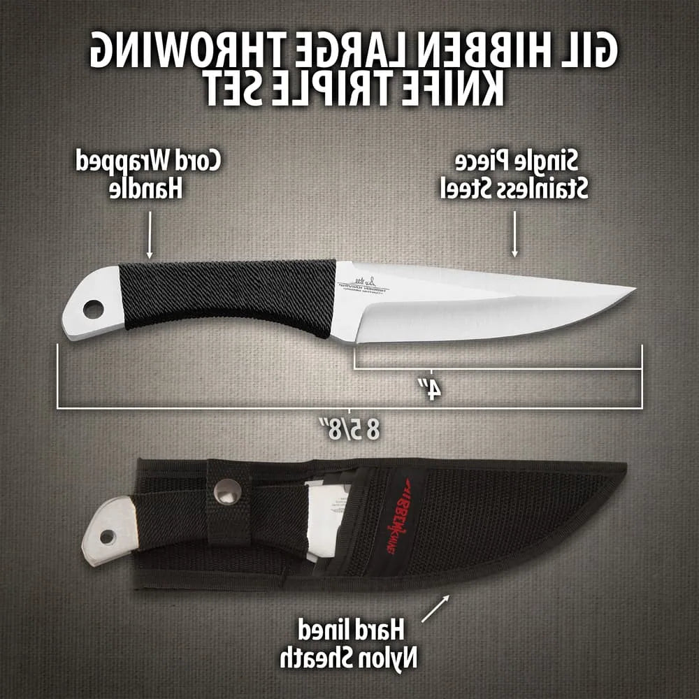Gil Hibben large throwing knife triple set with 8.75-inch stainless blades and nylon sheath for competition