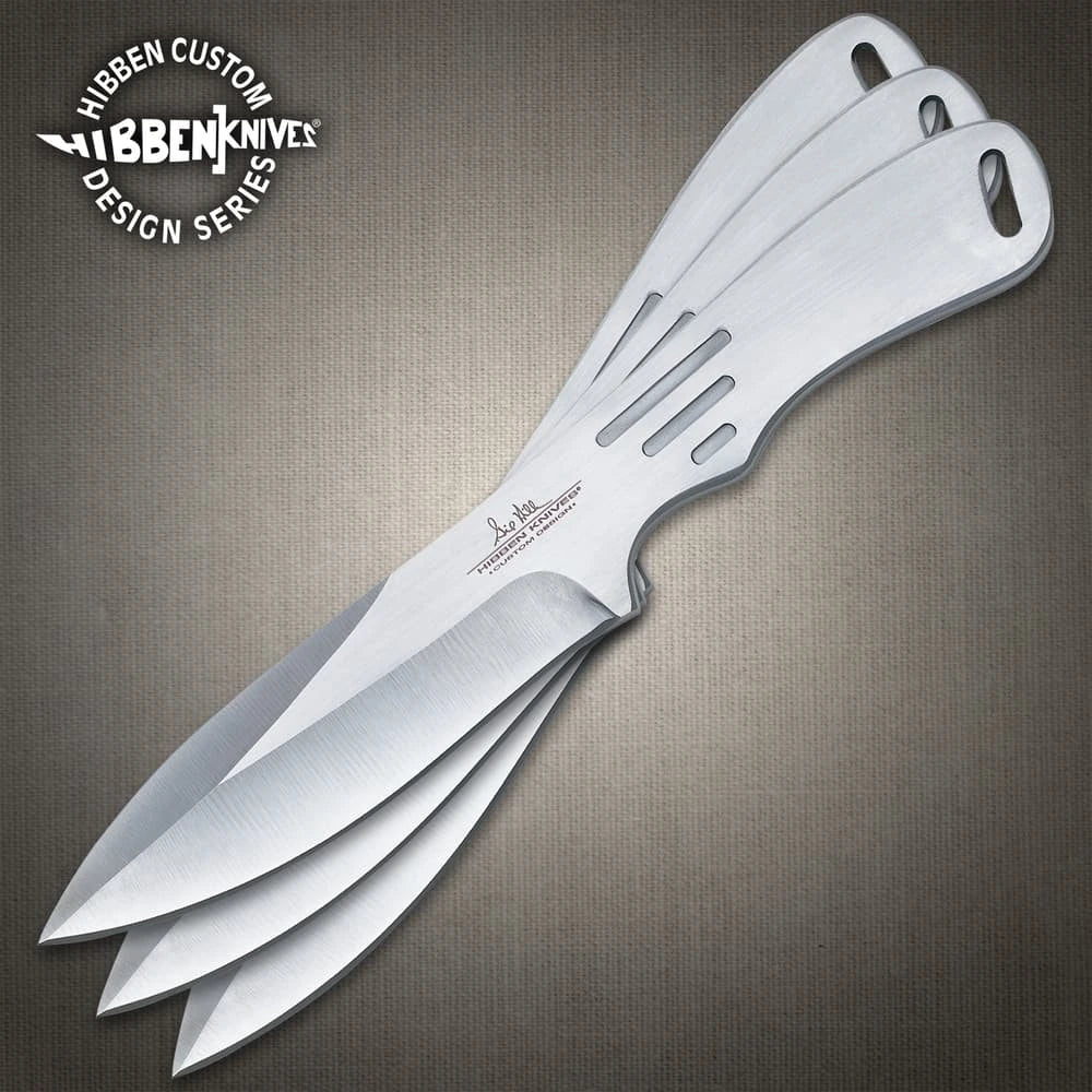Gil Hibben large triple throwing knife set with stainless steel build and nylon sheath