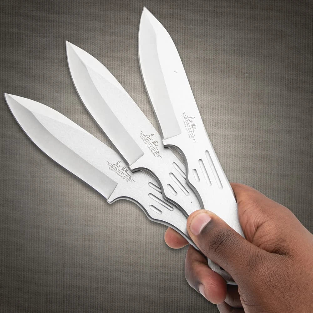 Gil Hibben large triple throwing knife set with stainless steel build and nylon sheath