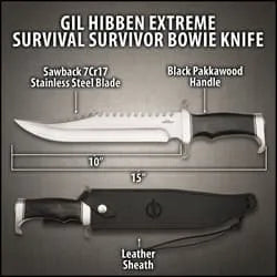 Gil Hibben Extreme Survival Bowie Knife | 10" 7Cr17 stainless steel blade | 15" overall | leather belt sheath included