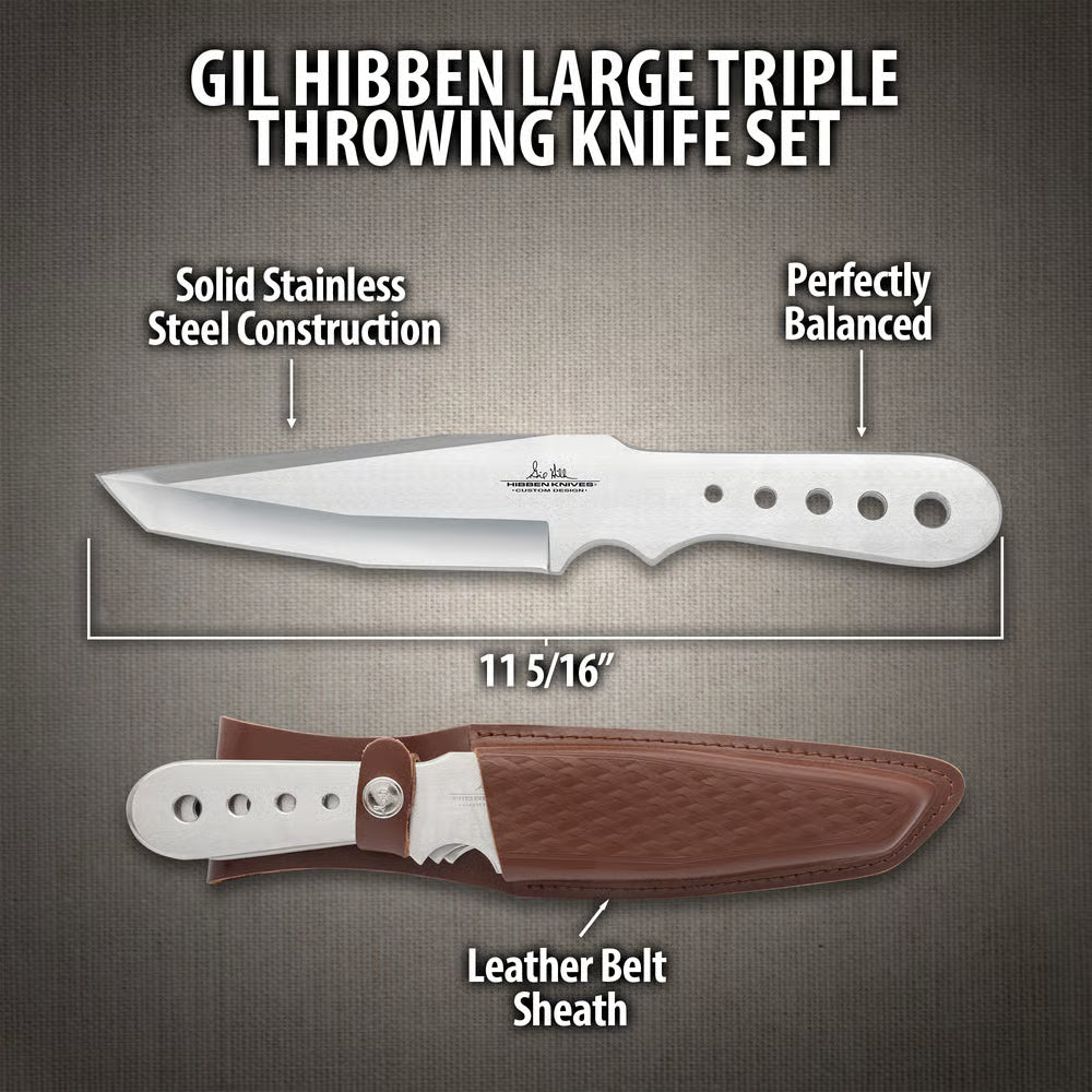 Gil Hibben large triple throwing knife set with AUS-6 stainless steel and leather belt sheath