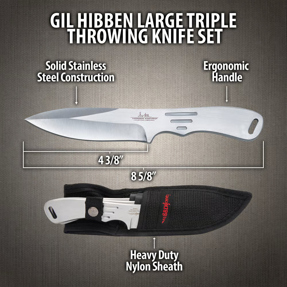 Gil Hibben large triple throwing knife set with stainless steel build and nylon sheath