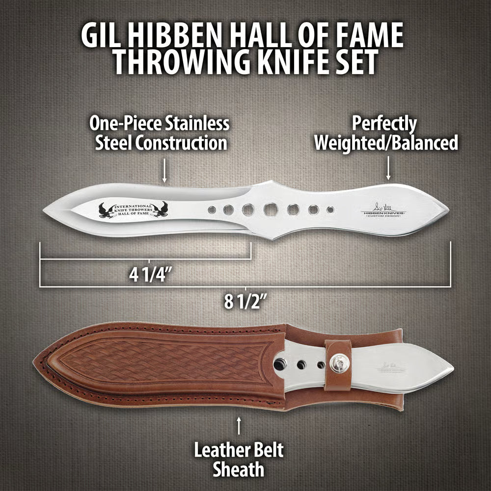 Gil Hibben Hall of Fame throwing knife set with leather belt sheath and target