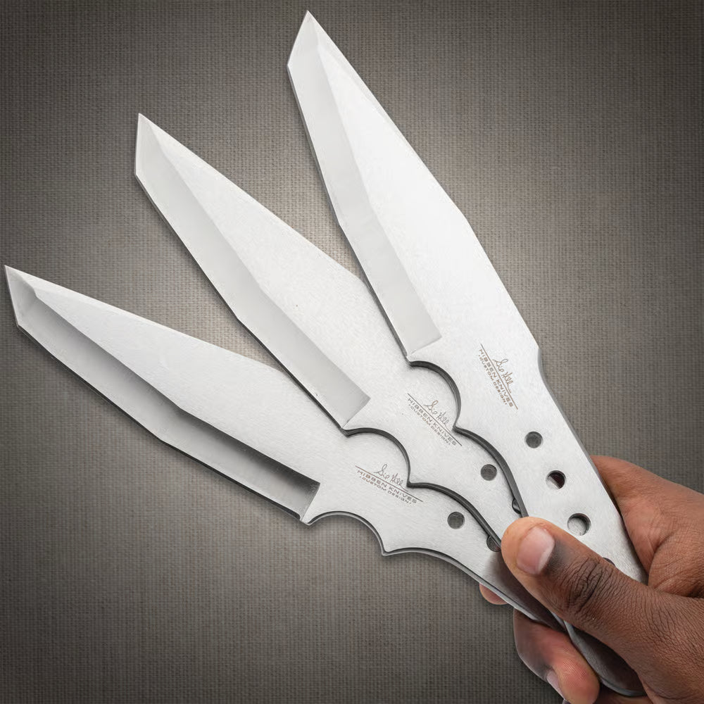Gil Hibben large triple throwing knife set with AUS-6 stainless steel and leather belt sheath