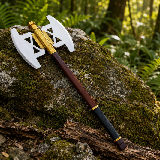 Gimli battle axe prop replica full length on mossy log in sunlit forest showing complete double-headed polished white silver axe head gold engraved Dwarven collar dark brown haft and black leather grip – LOTR Dwarven collectible