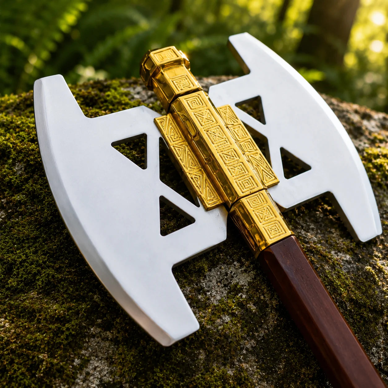 Gimli battle axe prop replica close-up of black leather-wrapped grip section with gold collar rings top and bottom and hexagonal dark pommel cap on mossy rock in sunlit forest – LOTR Dwarven display collectible