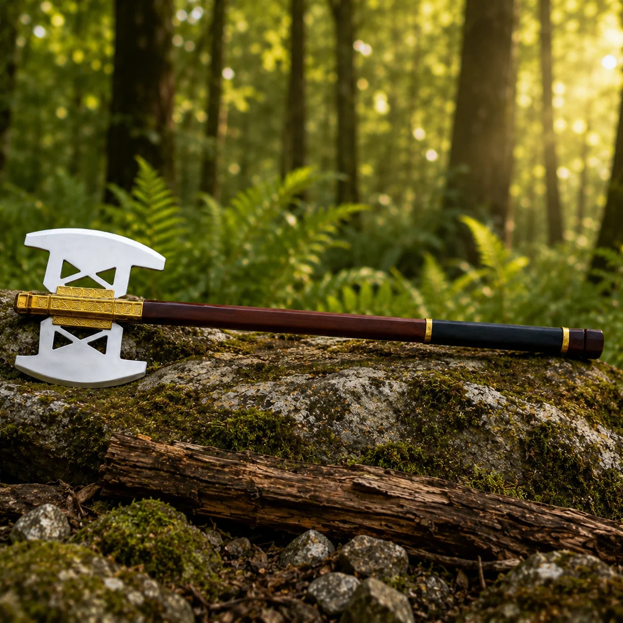 Gimli battle axe prop replica held aloft in gloved hand in sunlit forest showing full double-headed polished white silver axe head with triangular cutouts ornate gold Dwarven rune-engraved collar and dark brown haft – LOTR cosplay prop