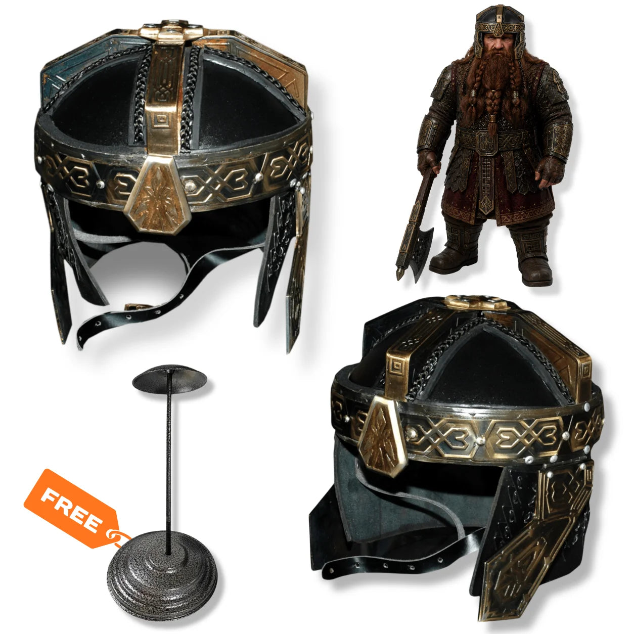 Gimli Dwarf helmet LOTR prop replica with bronze detailing and display stand