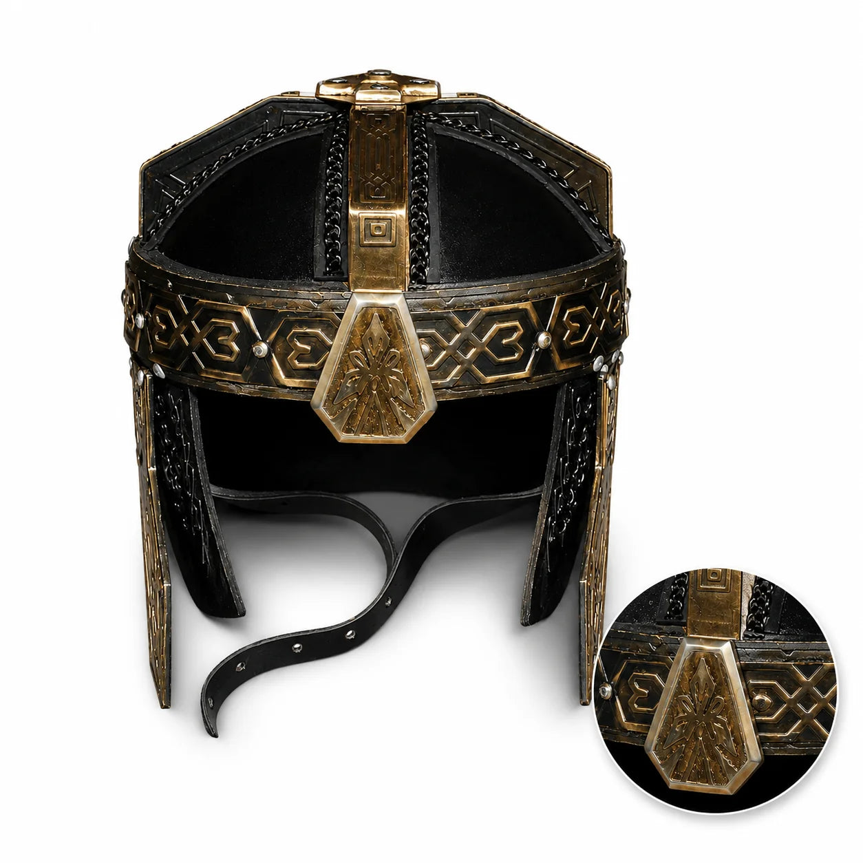 Gimli helmet prop replica top view on forest log showing brass cross-brace and chain detail – LOTR collectible