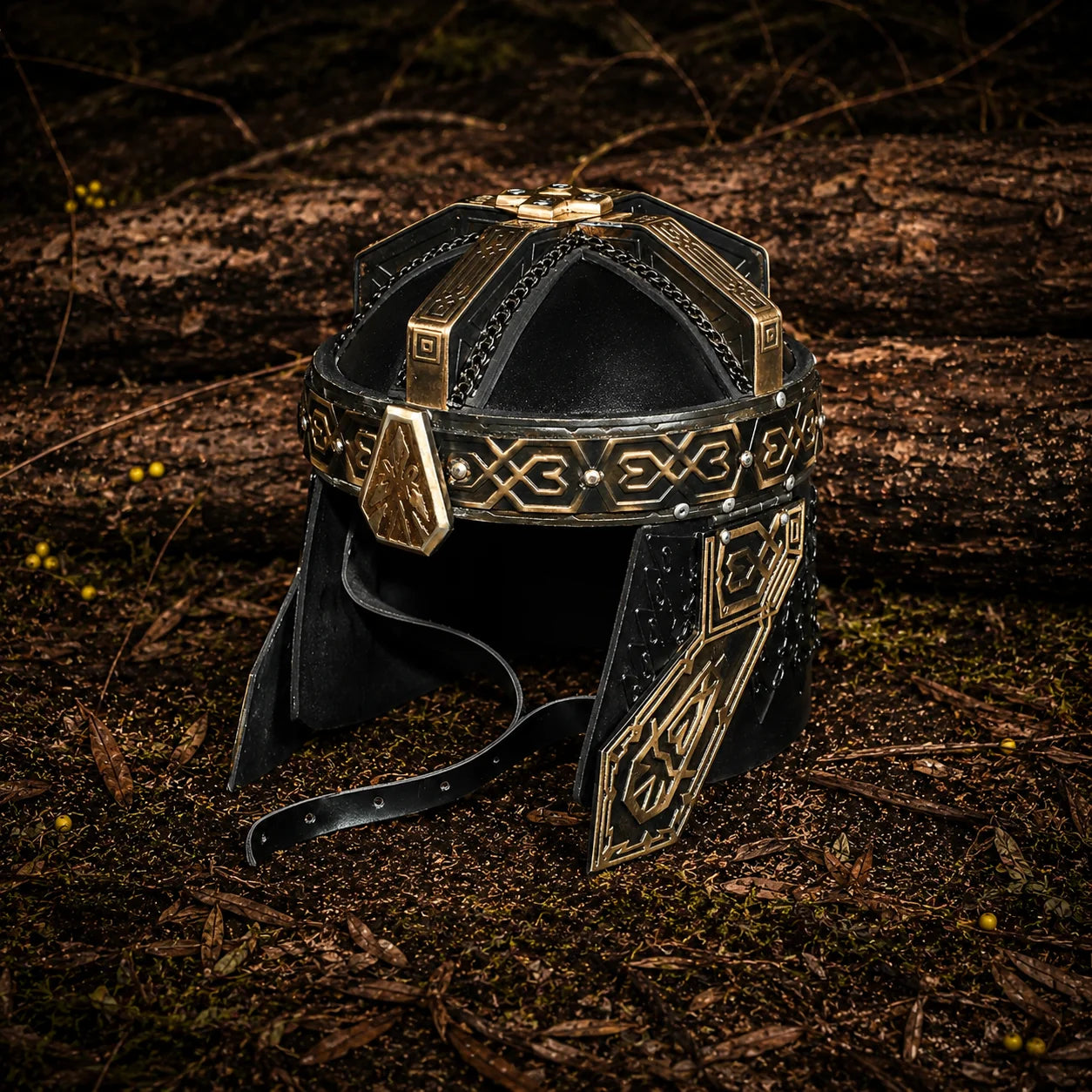 Close-up of Gimli helmet prop replica aged brass cross-brace with geometric engravings on stone – LOTR Dwarf collectible