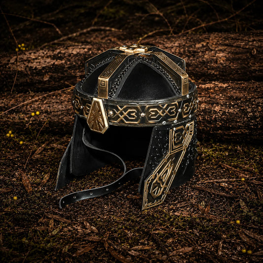 Close-up of Gimli helmet prop replica aged brass cross-brace with geometric engravings on stone – LOTR Dwarf collectible