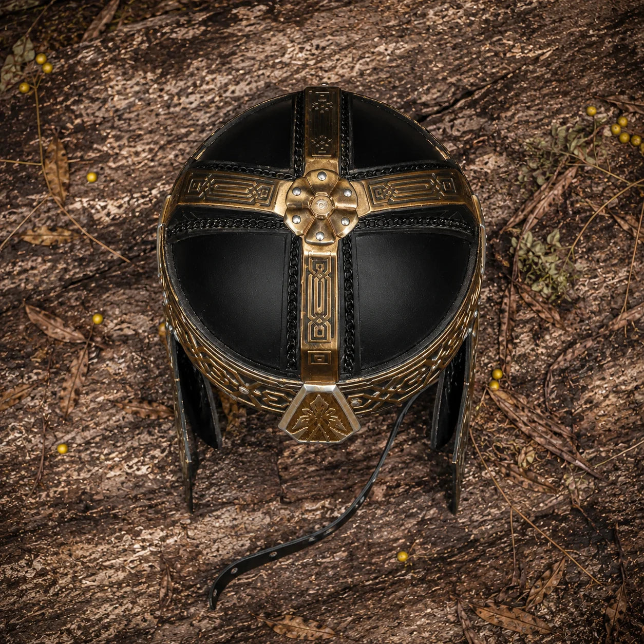 Gimli Dwarf helmet prop replica front view on white background with cheek guard and chin strap detail – LOTR display collectible