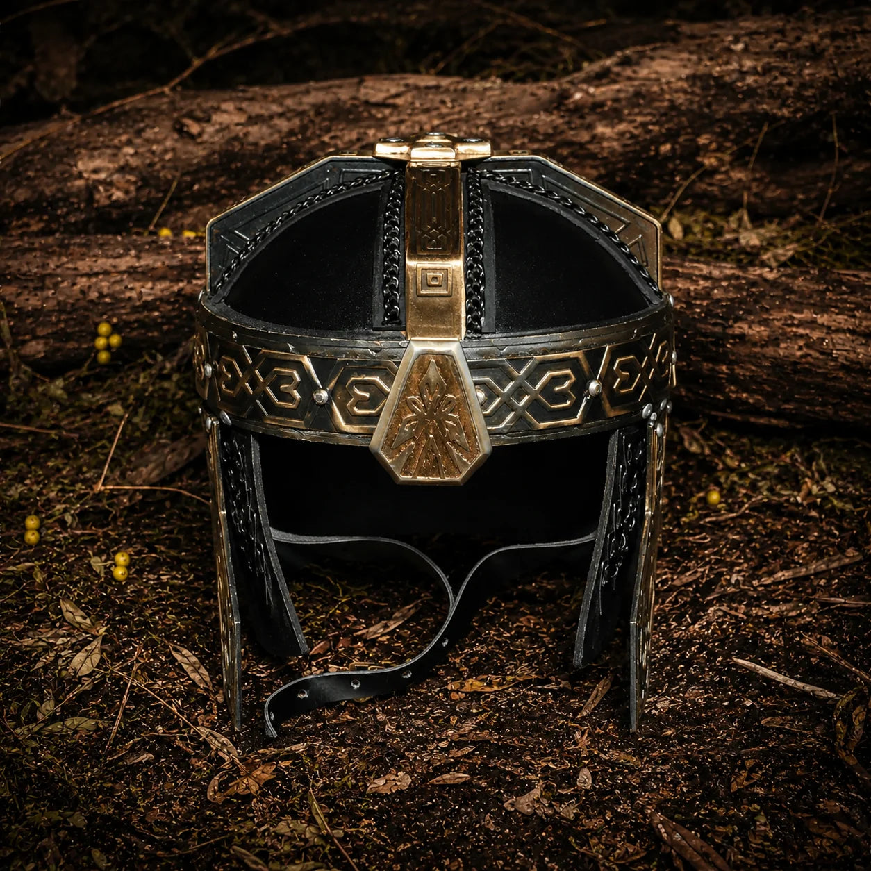 Gimli helmet prop replica side view on forest floor with black dome and gold brass finish – LOTR fantasy collectible