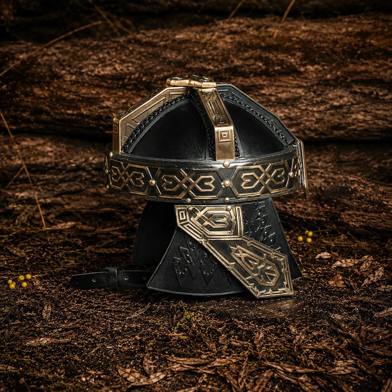 Gimli Son of Glóin helmet prop replica front view on forest floor with chin strap – Lord of the Rings Dwarf display piece