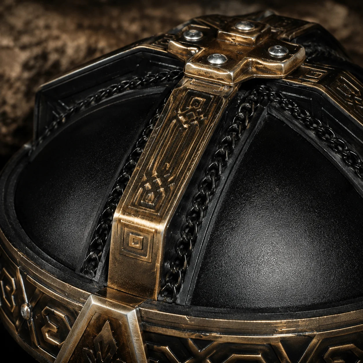 Gimli Dwarf warrior helmet prop replica angled side view on forest floor showing cheek guard – Tolkien LOTR fan gift