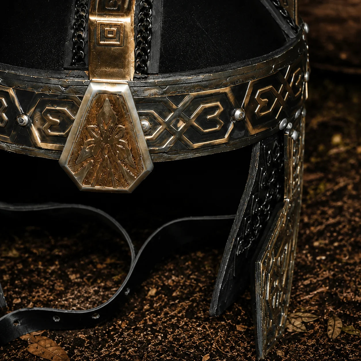 Gimli LOTR Dwarf helmet prop replica close-up detail view on forest floor – Lord of the Rings fantasy collectible