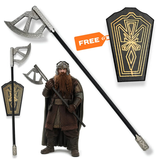 Gimli walking axe LOTR dwarf prop replica with black handle and decorative wall display plaque