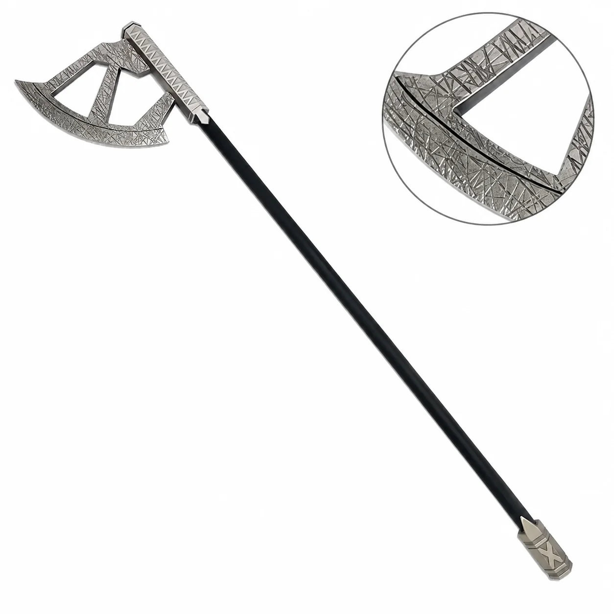 Gimli walking axe prop replica full length on mossy rock with crescent axe head and Dwarvish runic engravings on black shaft – LOTR display collectible