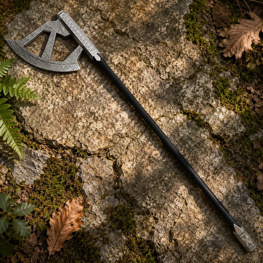Close-up of Gimli walking axe prop replica crescent axe head with open geometric cutout and hand-distressed Dwarvish runic engravings in golden forest bokeh – LOTR collectible