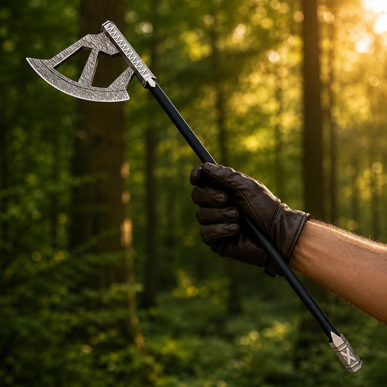 Gimli walking axe prop replica held aloft in gloved hand in sunlit forest showing full crescent axe head with Dwarvish runic engravings and black shaft – LOTR cosplay prop