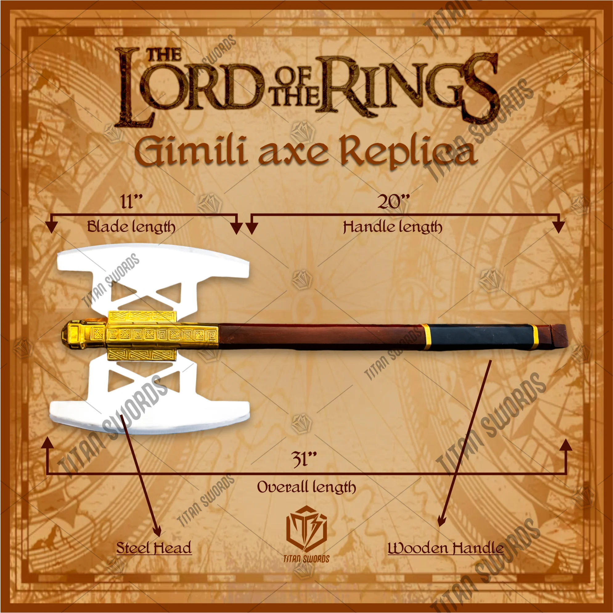 Premium Gimli’s Battle Dwarven Fury Axe Replica LOTR with Oak Stand