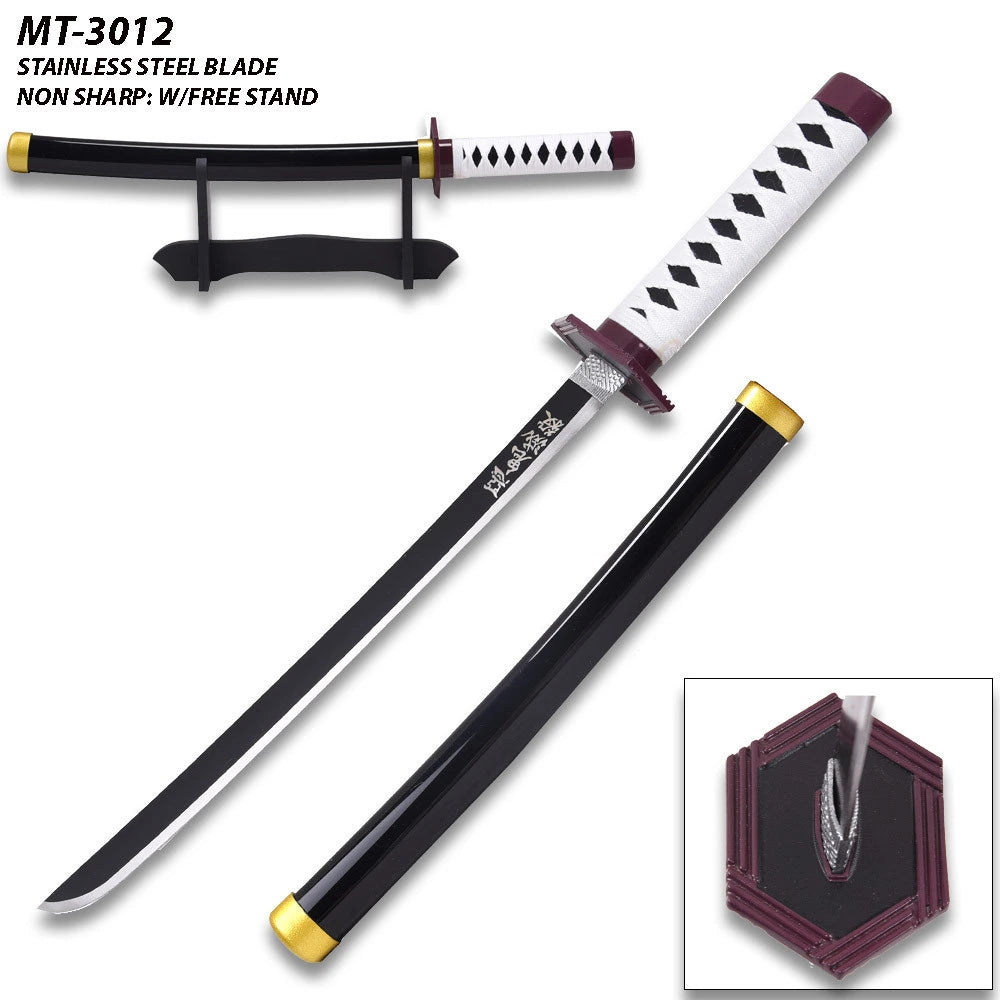 Demon Slayer Giyu Tomioka Water Nichirin display collectible displayed with its matching decorative scabbard and presentation stand, creating a striking centerpiece for anime room décor, gaming setups, collector cabinets, cosplay photography, and themed display shelves.