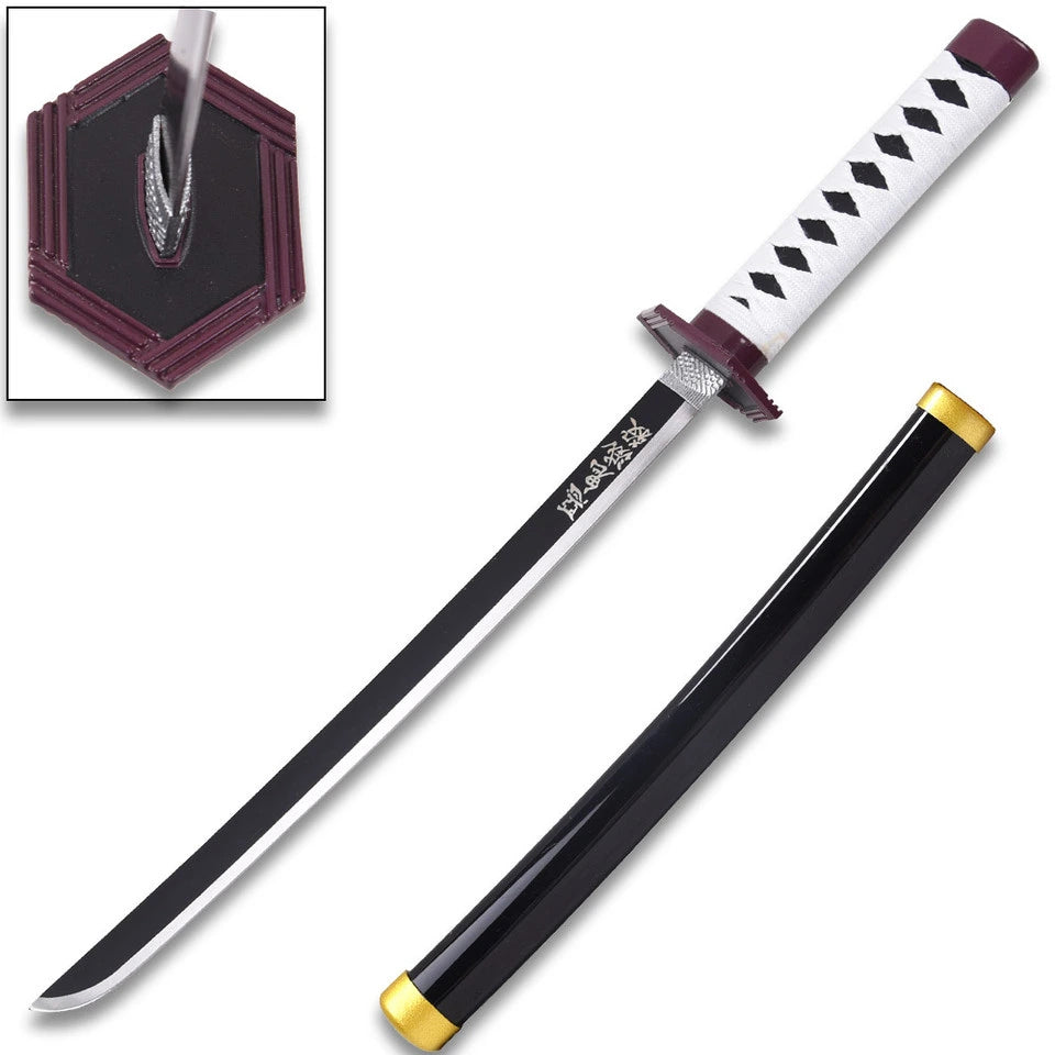 Giyu Tomioka Water Nichirin display collectible inspired by Demon Slayer featuring a premium carbon steel display finish, decorative hexagonal guard, matching scabbard, and collector-quality craftsmanship for anime enthusiasts, cosplay displays, and premium collections.