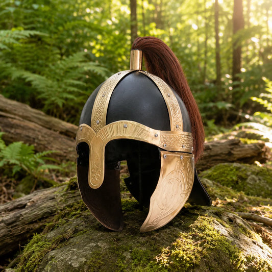 Gladiator helmet prop replica side profile showing antiqued bronze display finish