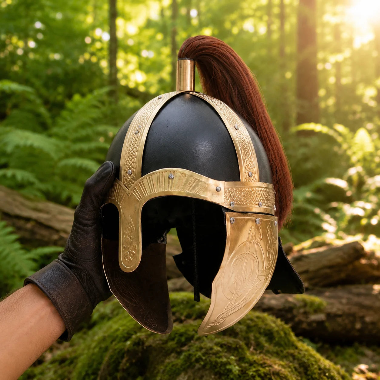 Close-up of gladiator helmet prop replica cheek guard and engraved brass detail