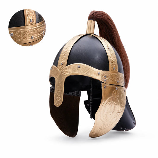 Close-up of gladiator helmet prop replica brown horsehair crest plume and brass mount