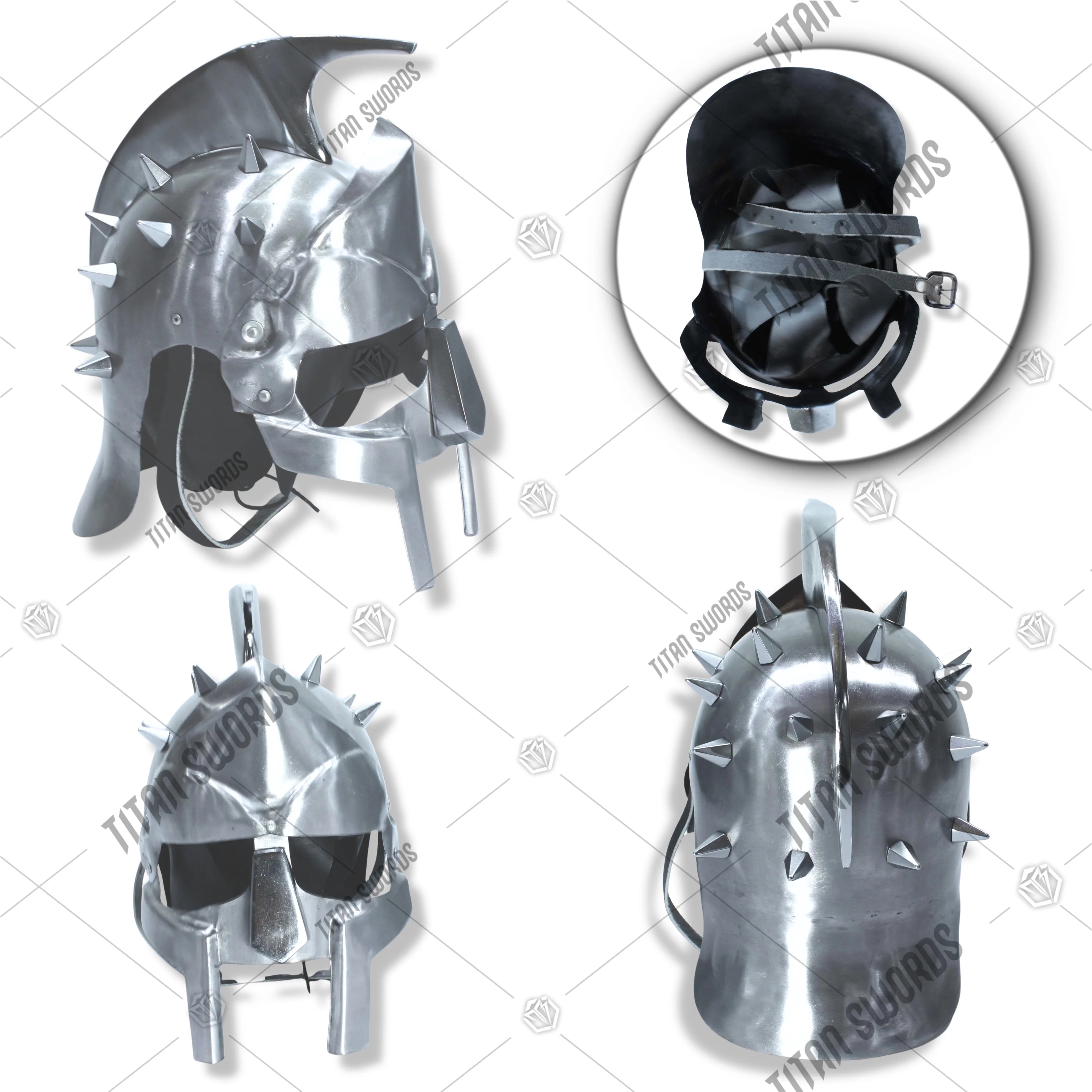 Premium Gladiator Silver Roman Helmet Replica with high-carbon stainless steel.