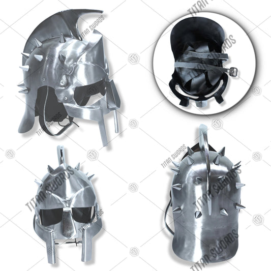 Premium Gladiator Silver Roman Helmet Replica with high-carbon stainless steel.