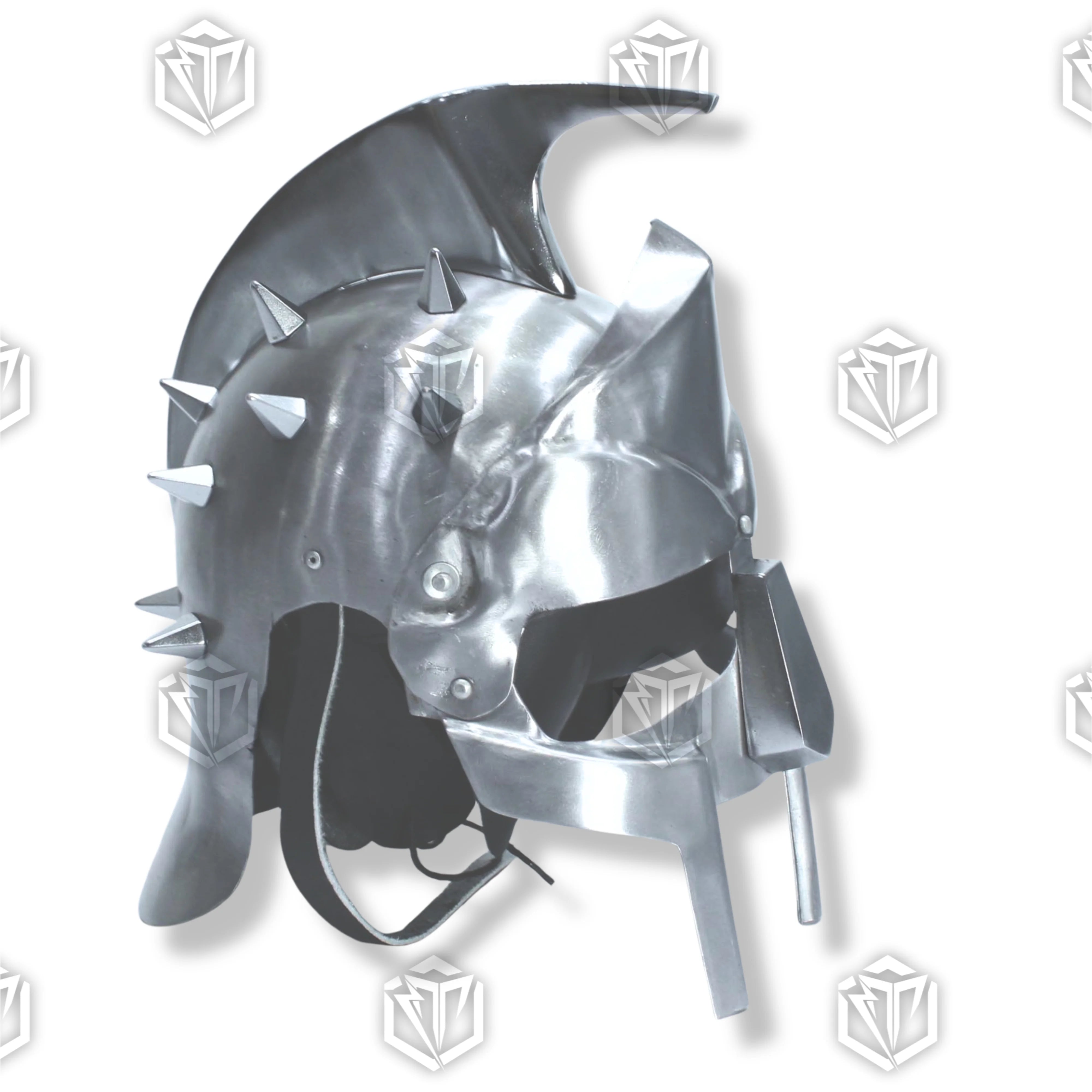 Premium Gladiator Silver Roman Helmet Replica with high-carbon stainless steel.