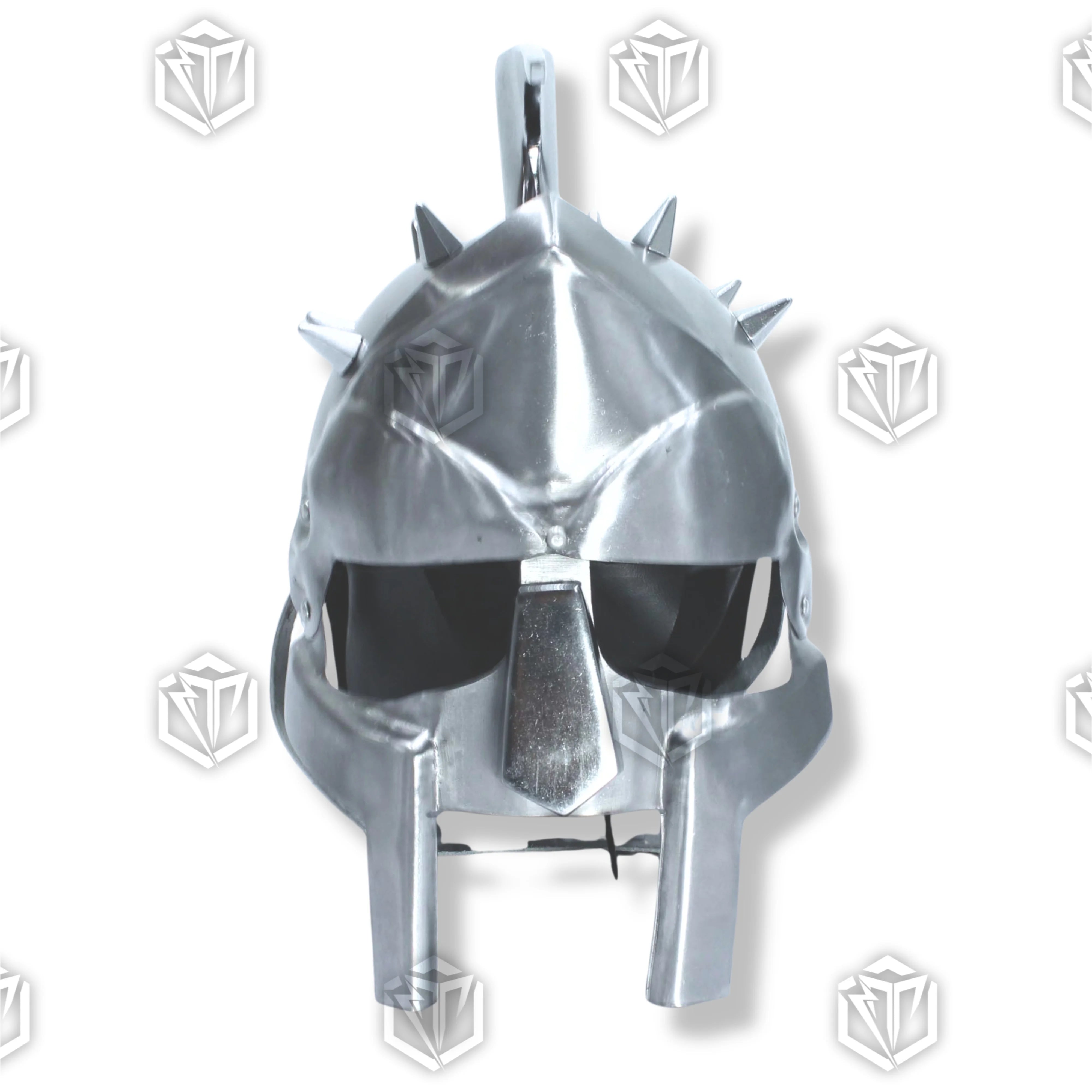 Premium Gladiator Silver Roman Helmet Replica with high-carbon stainless steel.