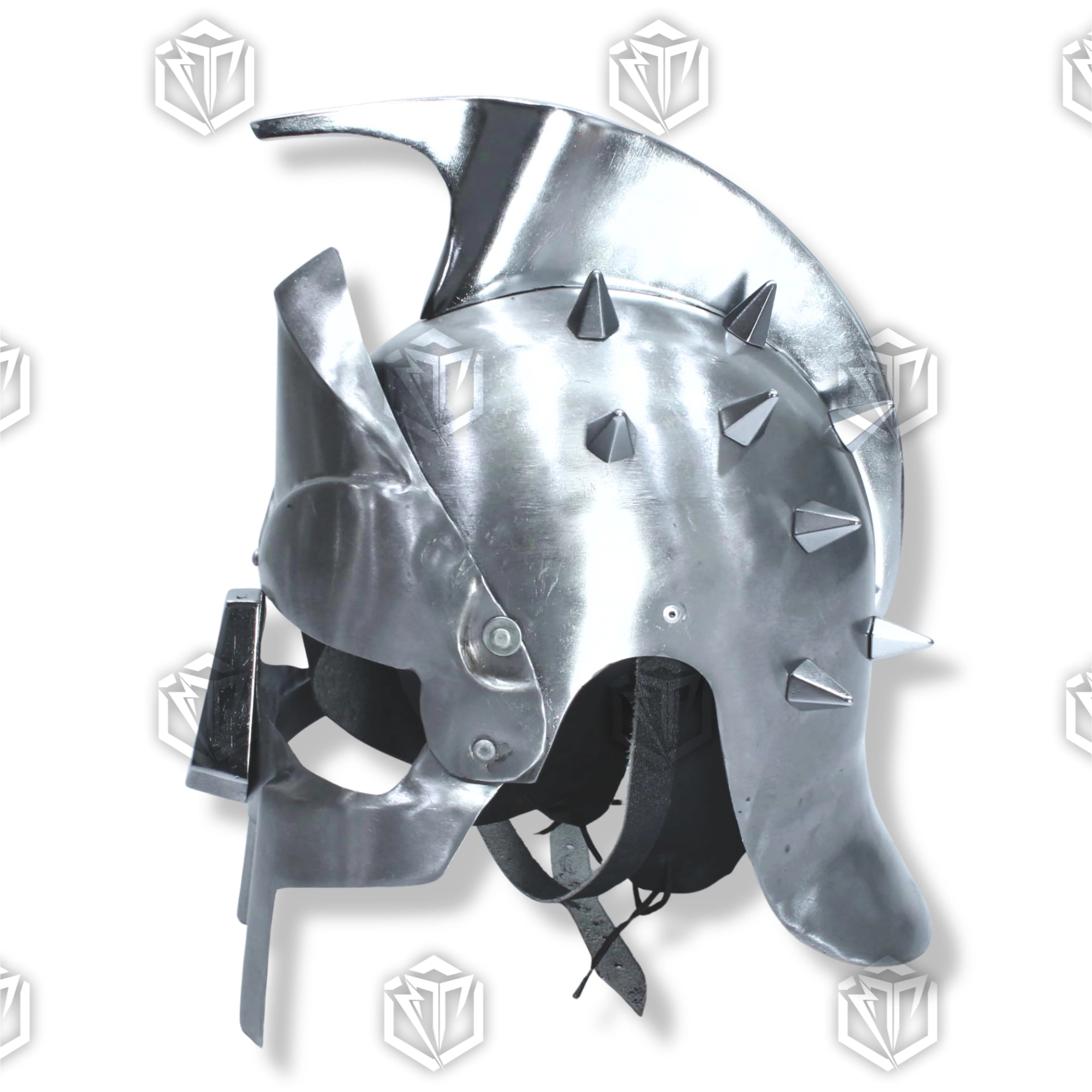 Premium Gladiator Silver Roman Helmet Replica with high-carbon stainless steel.